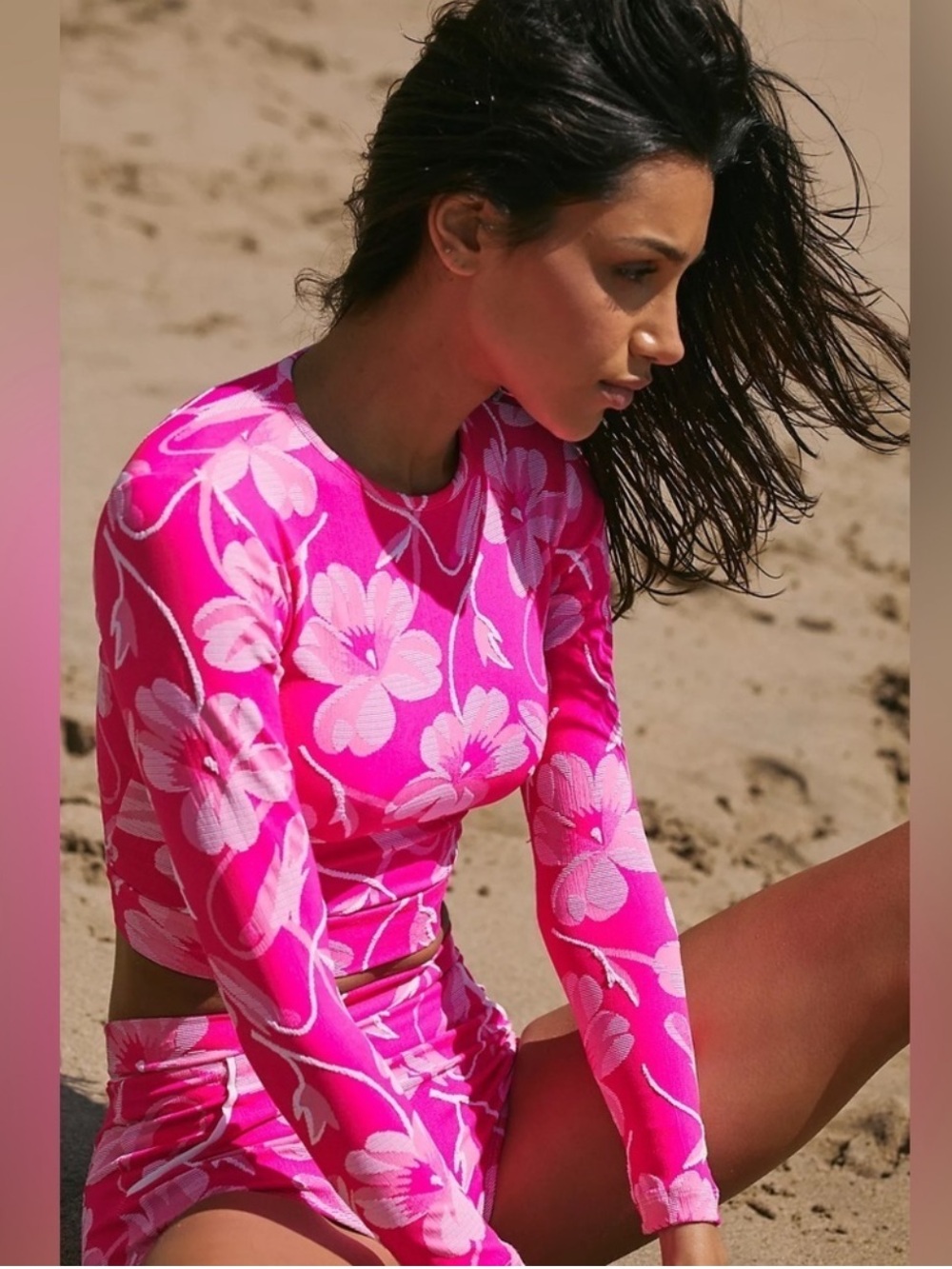 NWT Seea Free People Hot Pink Floral Swimsuit Set Crop Rashguard Women's XS/S